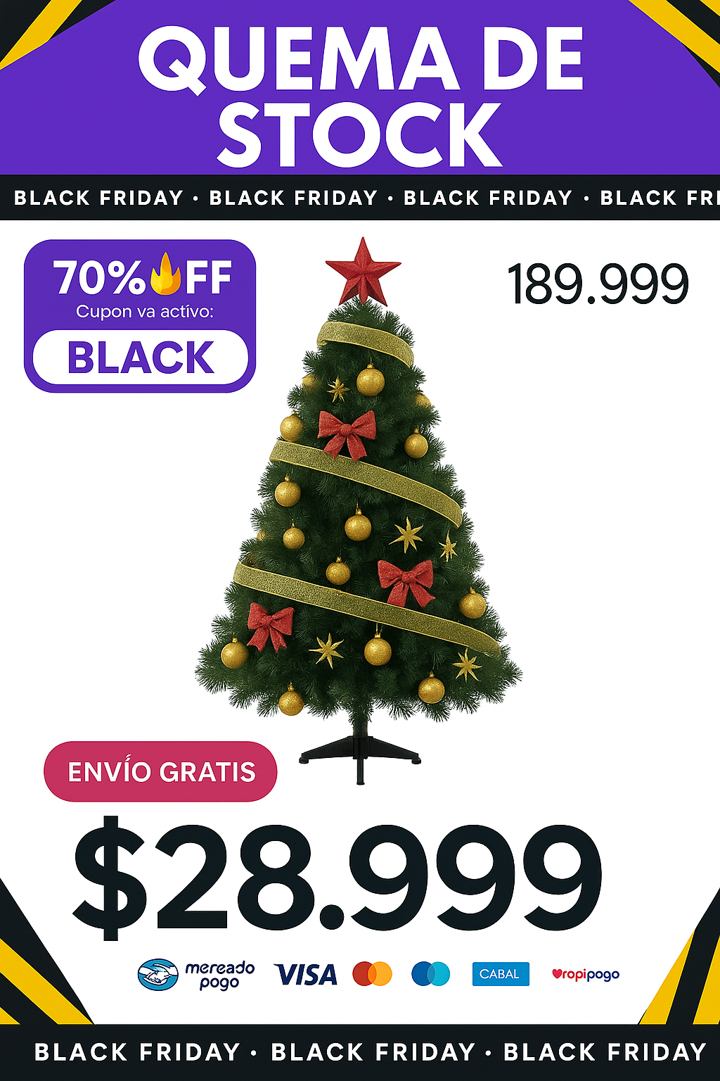 Arbolito de Navidad XL 1mt con kit 30 pzas Rojo/Oro