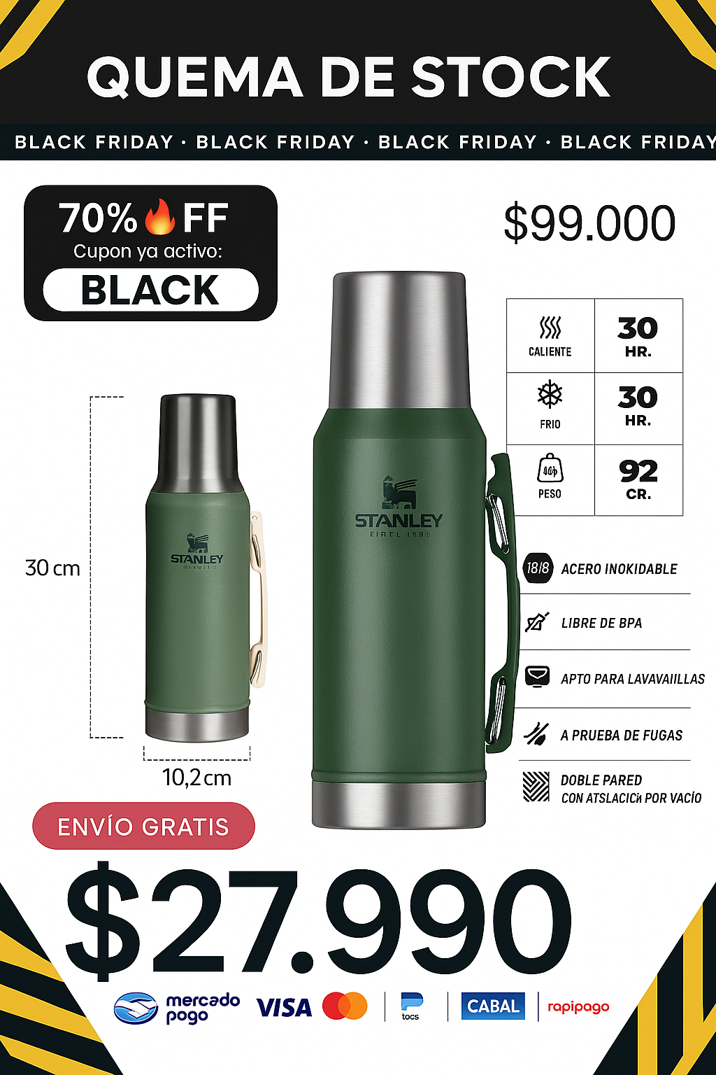 Combo Matero Stanley Termo 1,2lts Mate Bombilla Yerbera Fs Color Verde